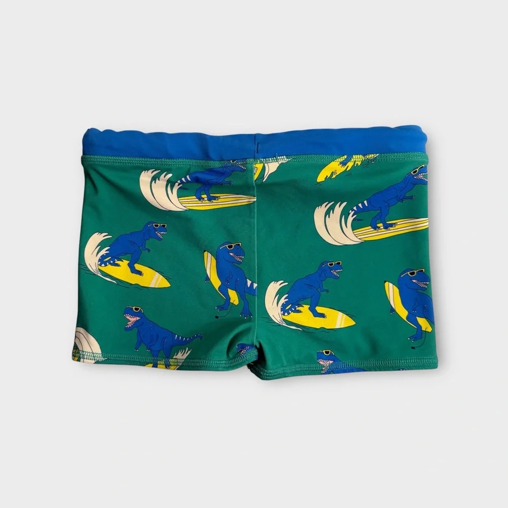 Mini Boden Blue Dinosaur Surf Wave Pattern Green Swim Shorts